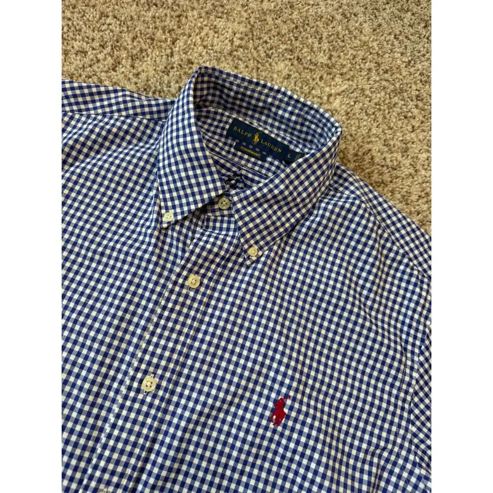 Ralph Lauren Performance Shirt Mens L Blue Gingham Check Stretch Long Sleeve